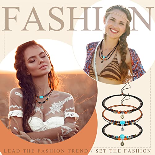 Vintage Leather and Wood Bead Choker Necklace Set