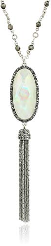 Silver-Tone Beaded Lariat Necklace with Mother-of-Pearl