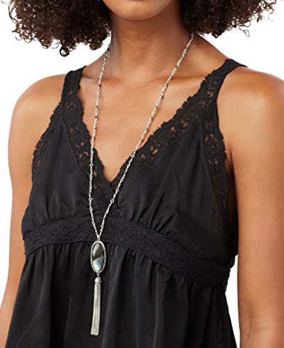 Silver-Tone Beaded Lariat Necklace with Mother-of-Pearl