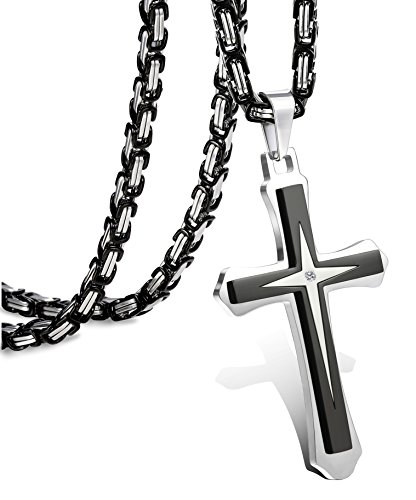 Men's Black Cross Necklace with Stainless Steel Chain