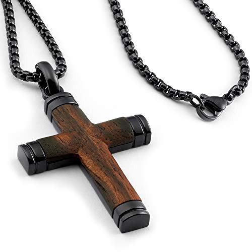 Black Stainless Steel Cross Pendant with Santos Wood Necklace