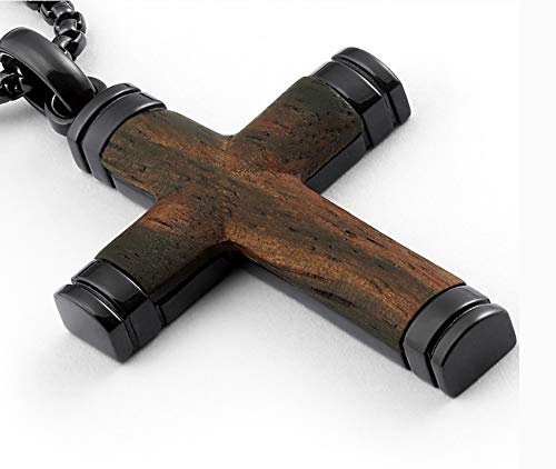 Black Stainless Steel Cross Pendant with Santos Wood Necklace