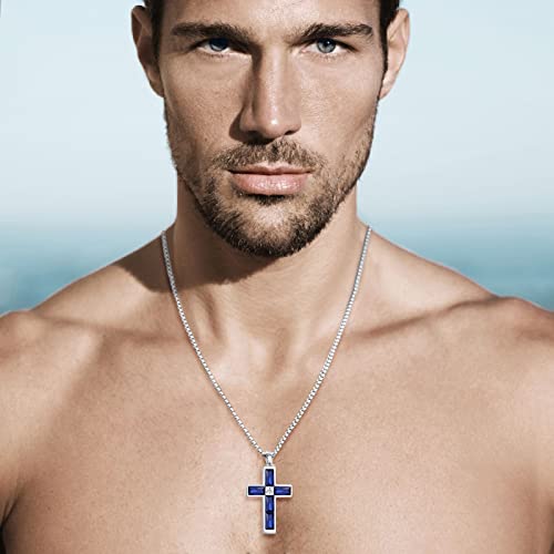 Blue Sapphire Cross Pendant Necklace for Men