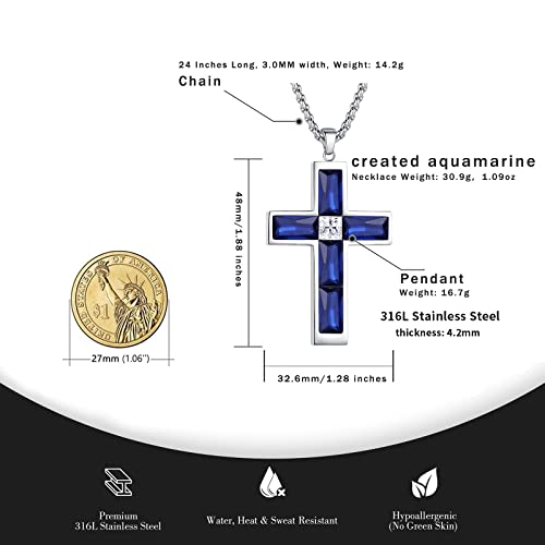 Blue Sapphire Cross Pendant Necklace for Men