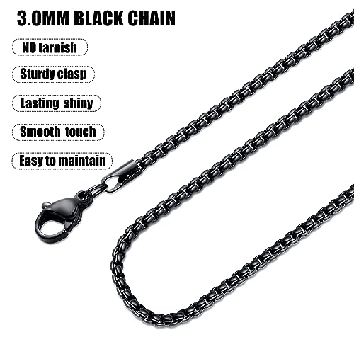 Fiusem 3mm Black Stainless Steel Chain Necklace