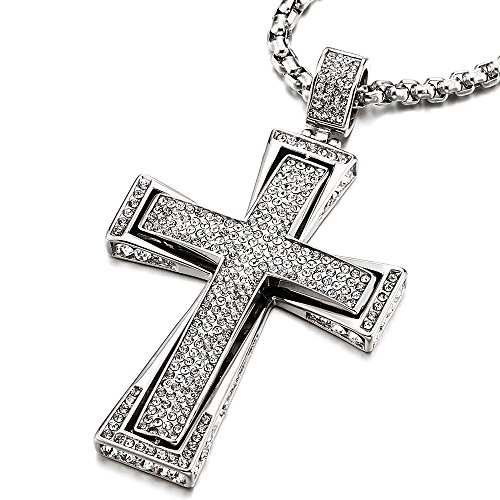 Large Steel Cross Pendant Necklace with Zirconia