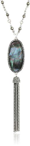 Silver-Tone Beaded Lariat Necklace with Mother-of-Pearl
