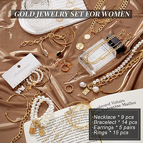 Multi-layered Gold Jewelry Set: Necklaces, Bracelets, Rings, Earrings