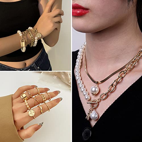 Multi-layered Gold Jewelry Set: Necklaces, Bracelets, Rings, Earrings