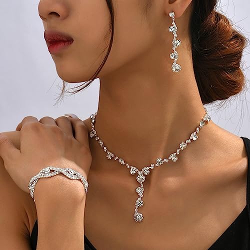 Rhinestone Silver Earrings Set for Women Party Prom