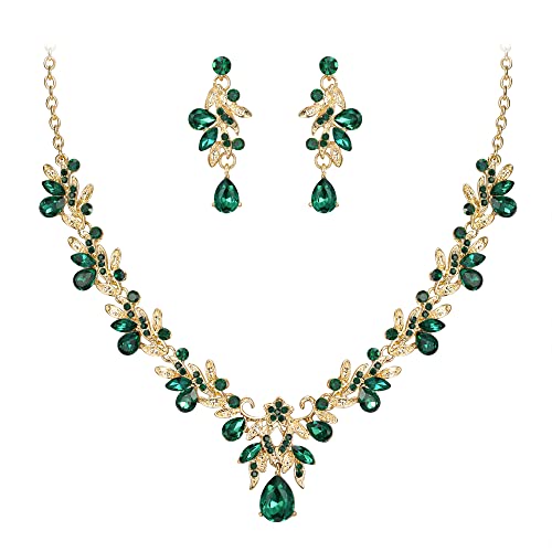 Emerald Gold-Tone Leaf Flower Bridal Jewelry Set