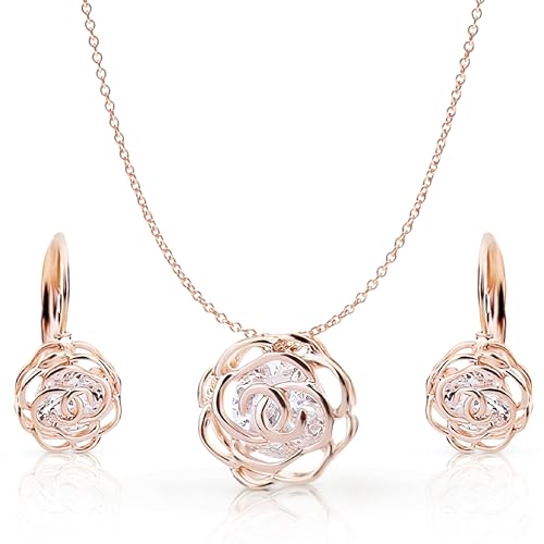 Elegant 18K Rose Gold Floral Necklace & Earrings Set