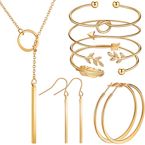 Gold Vertical Bar Necklace Earrings Cuff Bracelet Set