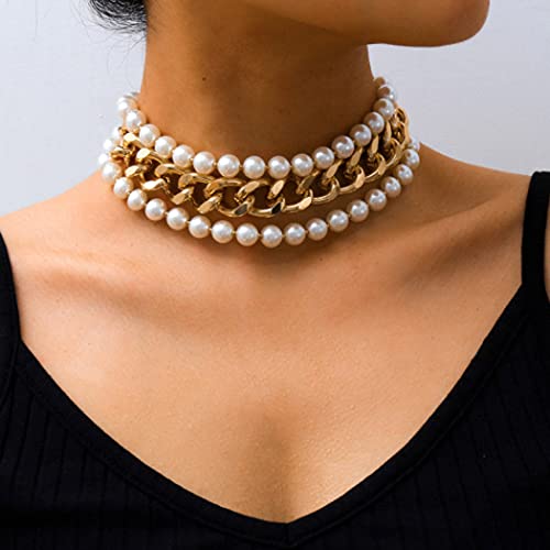 Gold Layered Pearl Choker Necklace for Women