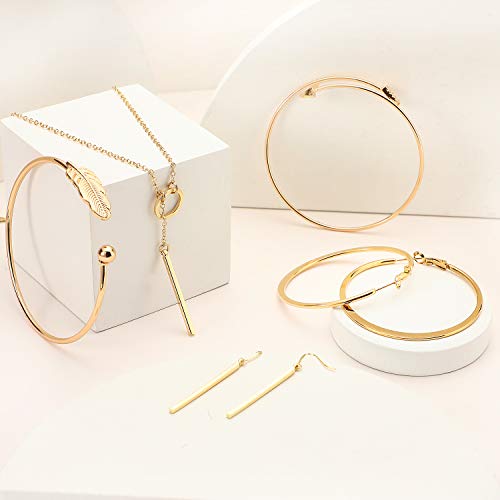 Gold Vertical Bar Necklace Earrings Cuff Bracelet Set