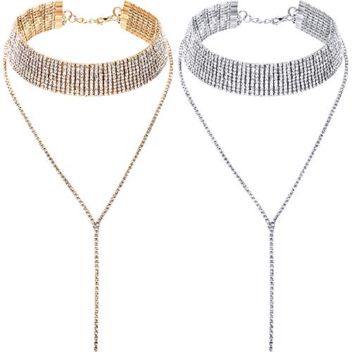 Rhinestone Tassel Choker Necklaces - Set of 2