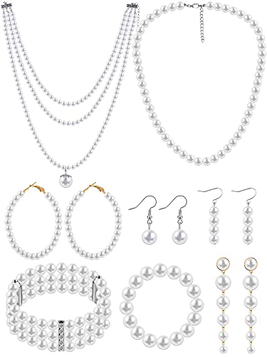 8-Piece Pearls Set: Necklace, Earrings, Bracelet for Women
