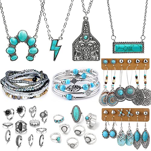 47PCS Silver Bohemian Jewelry Set with Turquoise Accents
