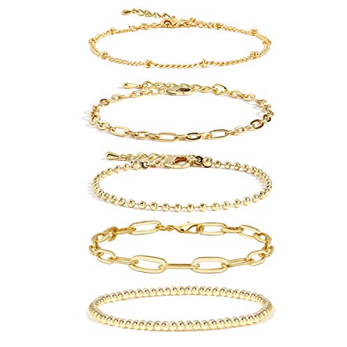 Dainty 14K Gold Chain Bracelet Set for Women