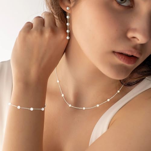 Silver Pearl Jewelry Set for Women - Necklace, Earrings, Bracelets