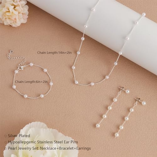 Silver Pearl Jewelry Set for Women - Necklace, Earrings, Bracelets
