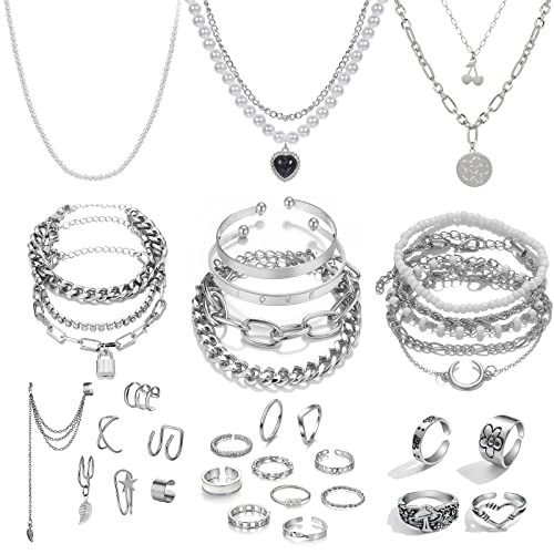 Silver Plated Jewelry Set - Necklaces, Bracelets, Rings