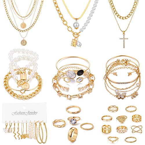 Multi-layered Gold Jewelry Set: Necklaces, Bracelets, Rings, Earrings