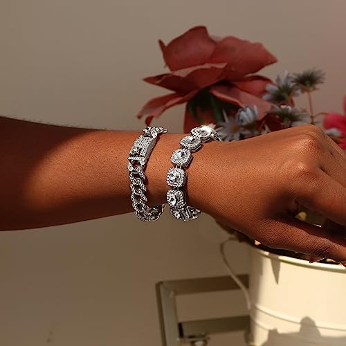 4PCS Gold & Silver Diamond Cuban Link Bracelet Set