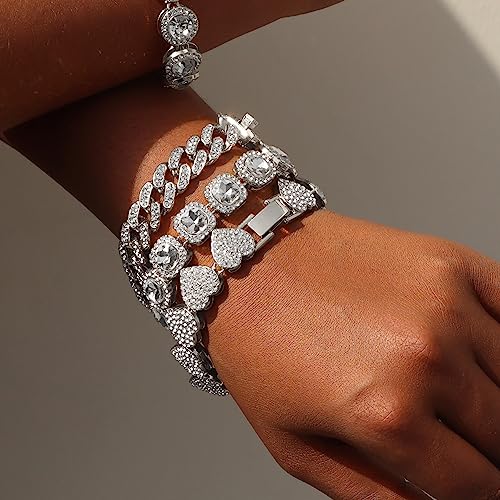4PCS Gold & Silver Diamond Cuban Link Bracelet Set