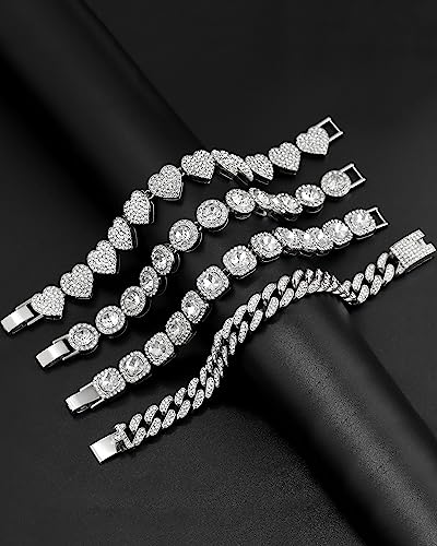 4PCS Gold & Silver Diamond Cuban Link Bracelet Set