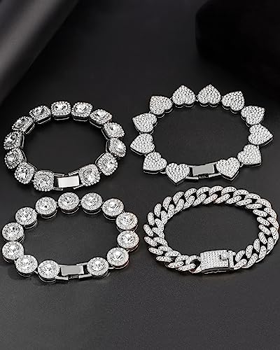 4PCS Gold & Silver Diamond Cuban Link Bracelet Set