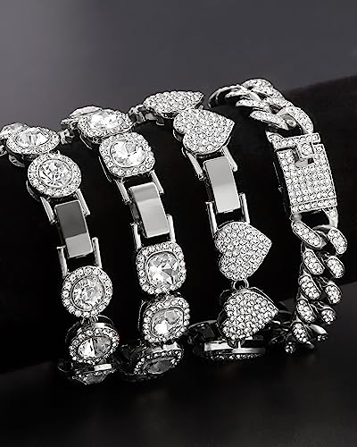 4PCS Gold & Silver Diamond Cuban Link Bracelet Set