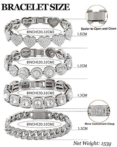 4PCS Gold & Silver Diamond Cuban Link Bracelet Set