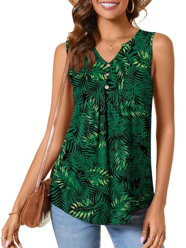 CATHY Sleeveless Tank Top V-Neck Blouse, XL Green Leaf