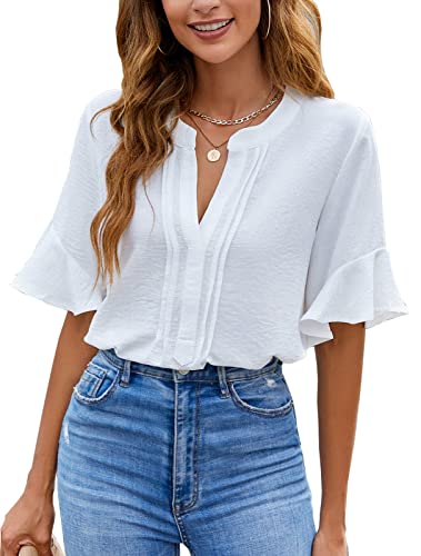 BMJL White Chiffon Ruffle Blouse V Neck Casual