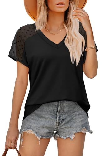WIHOLL Women's Summer Black V-Neck Lace Sleeve Shirt