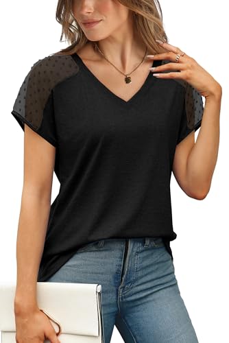 WIHOLL Women's Summer Black V-Neck Lace Sleeve Shirt