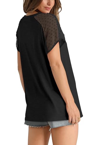 WIHOLL Women's Summer Black V-Neck Lace Sleeve Shirt