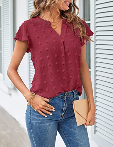 MEROKEETY Women Notched V Neck Blouse Summer Top