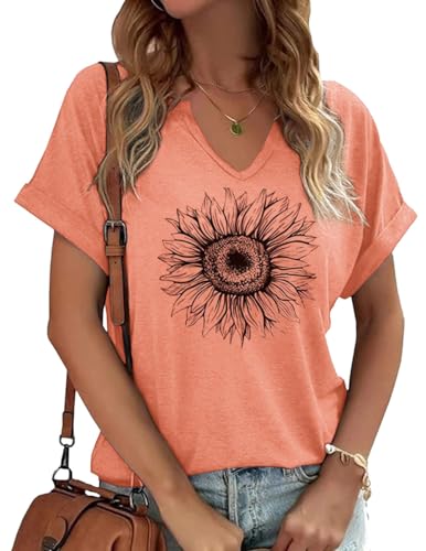 Vintage Sunflower V Neck T Shirt Loose Summer Top