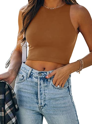 REORIA Women's Sexy High Neck Racerback Crop Top