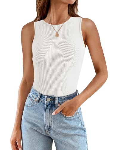 ZESICA High Neck Ribbed Tank Top - White
