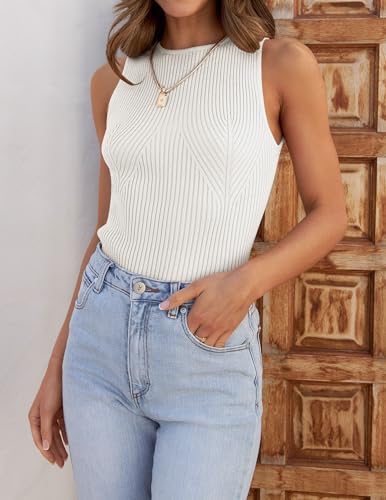 ZESICA High Neck Ribbed Tank Top - White
