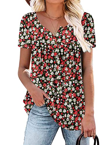ROSELINLIN Womens Ruffle Hem Henley V Neck Blouse
