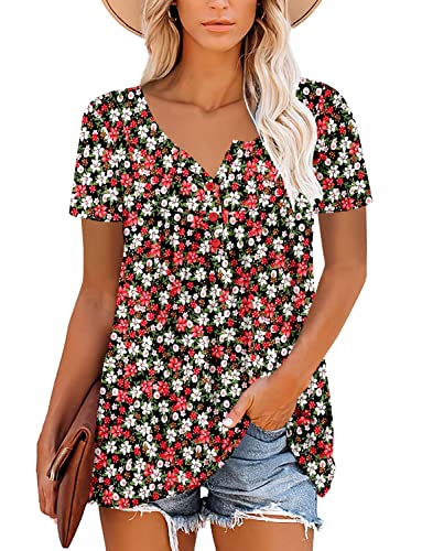 ROSELINLIN Womens Ruffle Hem Henley V Neck Blouse