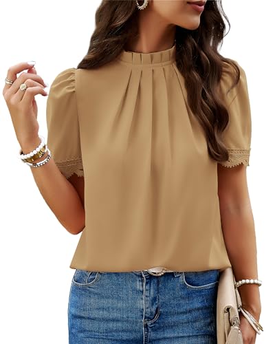 BTFBM Lace Trim Blouse for Women - Solid Khaki