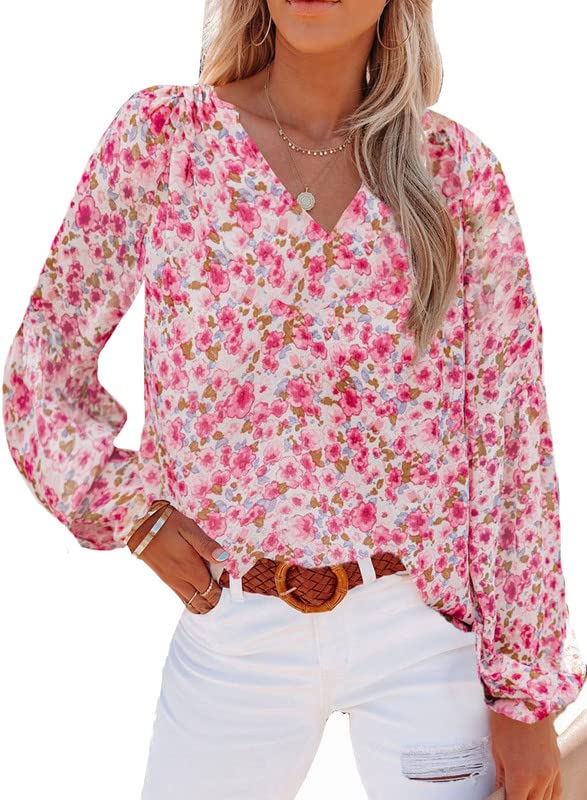 Floral Print Boho V-Neck Chiffon Blouse, Red, Medium