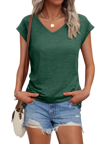 AUTOMET Womens Cap Sleeve Green Cotton Casual Tee