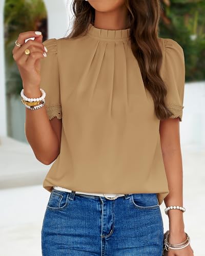 BTFBM Lace Trim Blouse for Women - Solid Khaki
