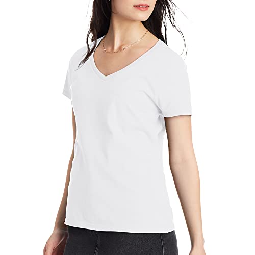Hanes Women's Nano Premium Cotton V-Neck Tee, White